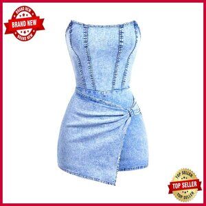 Strapless Denim Romper Wrap Jumpsuit Bodycon Short Sleeveless
